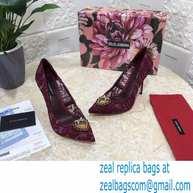 Dolce  &  Gabbana Heel 10.5cm Taormina Lace Pumps Burgundy with Devotion Heart 2021